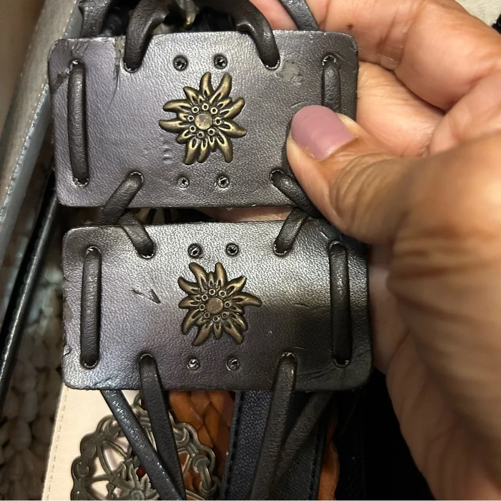 Leather Belt Tie Chord Antique Brass Finish Inlay Boho Chic Tribal Dark Brown